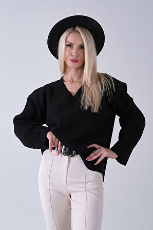 Siyah V Yaka Beli Lastikli Triko Kazak 46892623.01