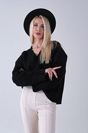 Siyah V Yaka Beli Lastikli Triko Kazak 46892623.01