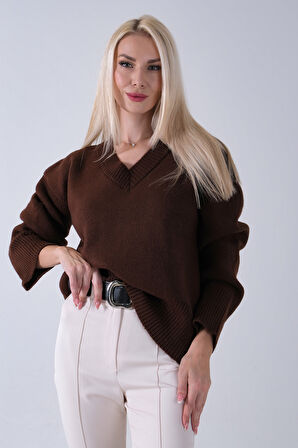 Kahve V Yaka Beli Lastikli Triko Kazak 46892623.05