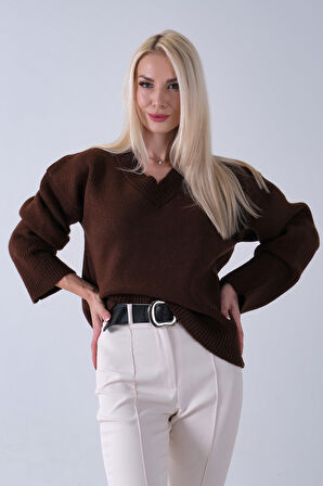 Kahve V Yaka Beli Lastikli Triko Kazak 46892623.05