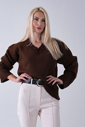 Kahve V Yaka Beli Lastikli Triko Kazak 46892623.05