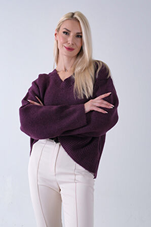 Mürdüm V Yaka Beli Lastikli Triko Kazak 46892623.21