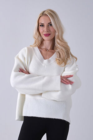 Ekru V Yaka Beli Lastikli Triko Kazak 46892623.147