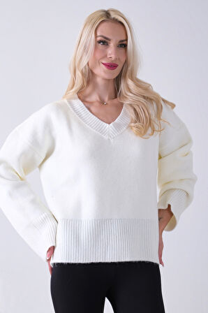 Ekru V Yaka Beli Lastikli Triko Kazak 46892623.147