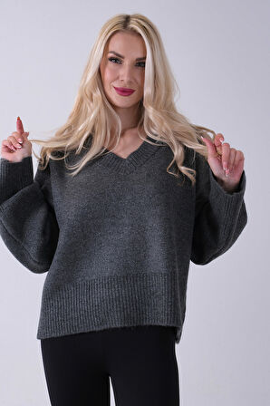 Antrasit V Yaka Beli Lastikli Triko Kazak 46892623.315