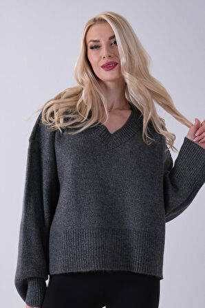 Antrasit V Yaka Beli Lastikli Triko Kazak 46892623.315