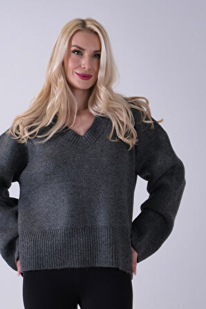 Antrasit V Yaka Beli Lastikli Triko Kazak 46892623.315