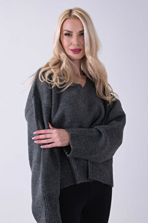 Antrasit V Yaka Beli Lastikli Triko Kazak 46892623.315