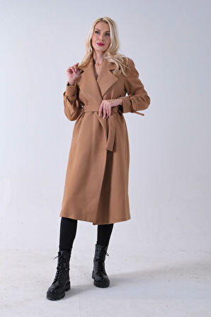 Sütlü Kahve Kol Bağlamalı Seyyar Kuşaklı Uzun Kaşe Kaban 41630051.374