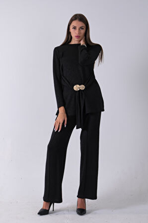 Siyah Altın Toka Detaylı Pantolonlu Takım 4577282.01