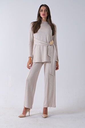 Ekru Altın Toka Detaylı Pantolonlu Takım 4577282.147