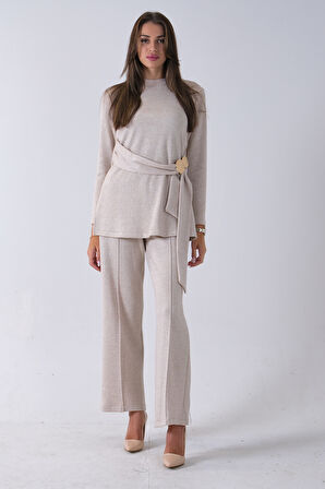 Ekru Altın Toka Detaylı Pantolonlu Takım 4577282.147