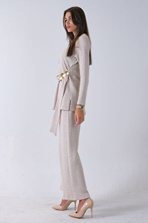 Ekru Altın Toka Detaylı Pantolonlu Takım 4577282.147