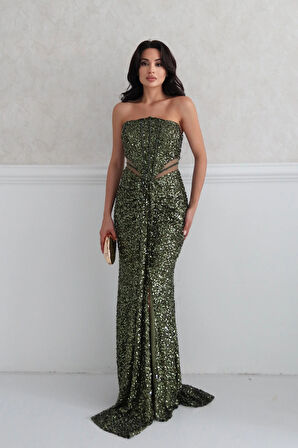 Haki Önü Taş Detaylı Yırtmaçlı Pul Payet Straplez Abiye 0801163.23