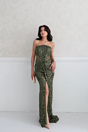 Haki Önü Taş Detaylı Yırtmaçlı Pul Payet Straplez Abiye 0801163.23