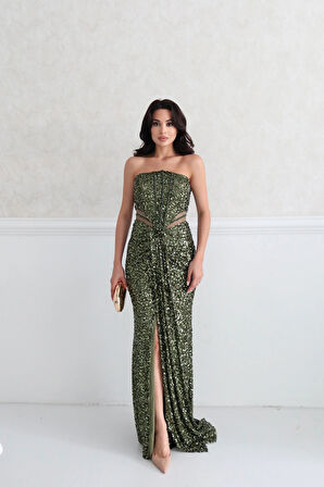 Haki Önü Taş Detaylı Yırtmaçlı Pul Payet Straplez Abiye 0801163.23