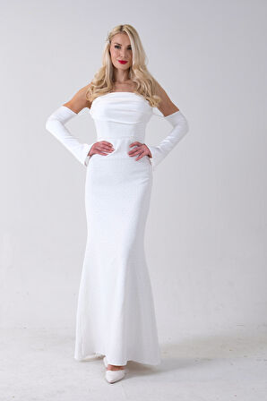 Beyaz Drapeli Üzeri Işıltı Nokta Detaylı Kollu Abiye 0802502.15