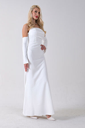 Beyaz Drapeli Üzeri Işıltı Nokta Detaylı Kollu Abiye 0802502.15