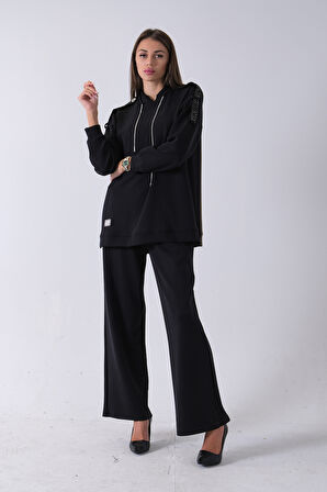 Siyah Omuz Apolet Detaylı Yakası İpli Tunik Pantolonlu Takım 4577281.01