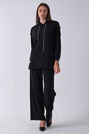 Siyah Omuz Apolet Detaylı Yakası İpli Tunik Pantolonlu Takım 4577281.01