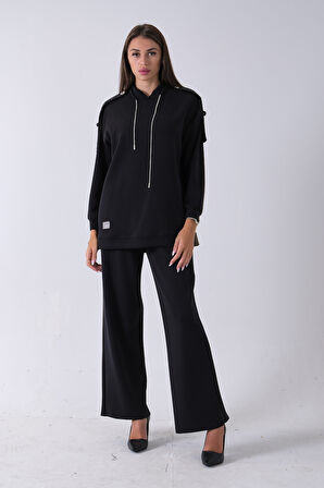 Siyah Omuz Apolet Detaylı Yakası İpli Tunik Pantolonlu Takım 4577281.01