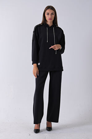 Siyah Omuz Apolet Detaylı Yakası İpli Tunik Pantolonlu Takım 4577281.01
