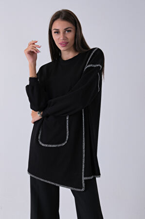 Siyah Önü Kanguru Cep Detaylı Çizgi Dikişli Bisiklet Yaka Tunik 940170263.01