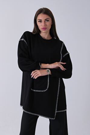 Siyah Önü Kanguru Cep Detaylı Çizgi Dikişli Bisiklet Yaka Tunik 940170263.01