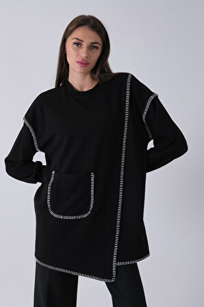 Siyah Önü Kanguru Cep Detaylı Çizgi Dikişli Bisiklet Yaka Tunik 940170263.01
