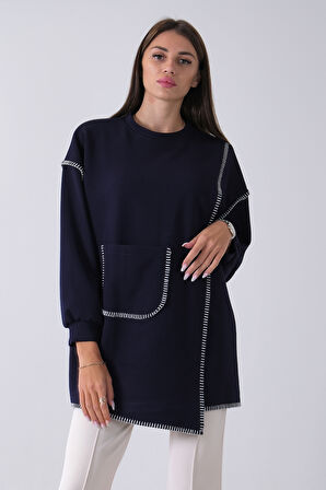 Lacivert Önü Kanguru Cep Detaylı Çizgi Dikişli Bisiklet Yaka Tunik 940170263.02