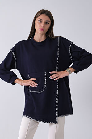 Lacivert Önü Kanguru Cep Detaylı Çizgi Dikişli Bisiklet Yaka Tunik 940170263.02