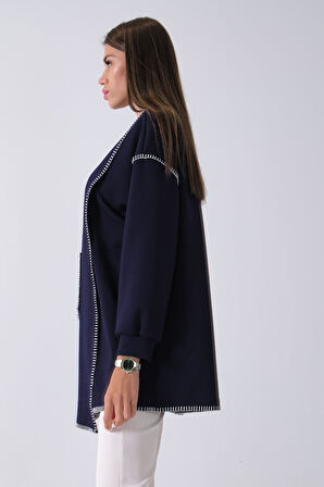 Lacivert Önü Kanguru Cep Detaylı Çizgi Dikişli Bisiklet Yaka Tunik 940170263.02