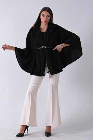 Siyah Tek Düğme Kapamalı Kemerli Yün Peluş Ceket 940140183.01