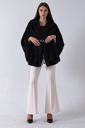 Siyah Tek Düğme Kapamalı Kemerli Yün Peluş Ceket 940140183.01