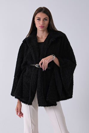 Siyah Tek Düğme Kapamalı Kemerli Yün Peluş Ceket 940140183.01