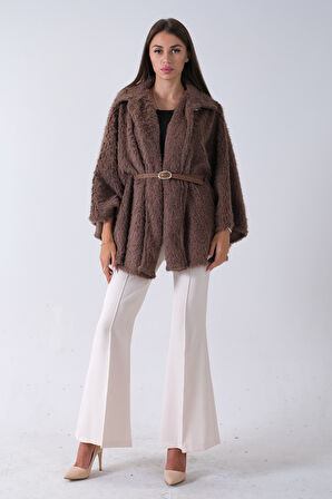 Vizon Tek Düğme Kapamalı Kemerli Yün Peluş Ceket 940140183.34