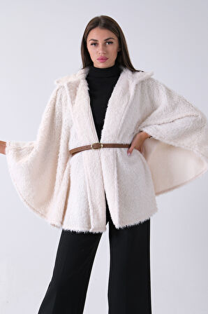 Ekru Tek Düğme Kapamalı Kemerli Yün Peluş Ceket 940140183.147