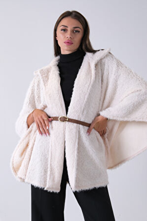 Ekru Tek Düğme Kapamalı Kemerli Yün Peluş Ceket 940140183.147