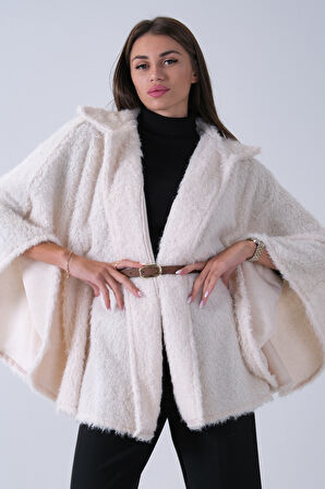 Ekru Tek Düğme Kapamalı Kemerli Yün Peluş Ceket 940140183.147