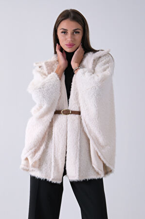Ekru Tek Düğme Kapamalı Kemerli Yün Peluş Ceket 940140183.147