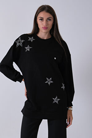 Siyah Üzeri Yıldız Desenli Taş İşlemeli Cep Görünümülü Tunik 940170258.01