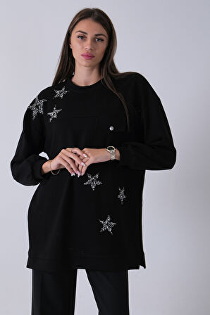 Siyah Üzeri Yıldız Desenli Taş İşlemeli Cep Görünümülü Tunik 940170258.01