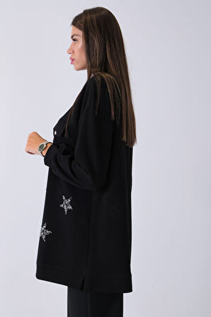 Siyah Üzeri Yıldız Desenli Taş İşlemeli Cep Görünümülü Tunik 940170258.01