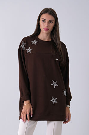 Kahve Üzeri Yıldız Desenli Taş İşlemeli Cep Görünümülü Tunik 940170258.05