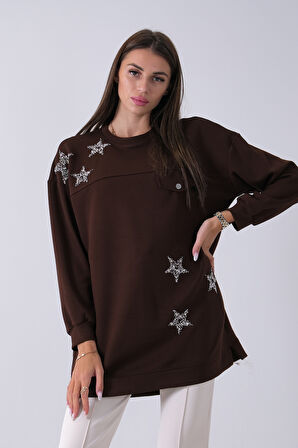Kahve Üzeri Yıldız Desenli Taş İşlemeli Cep Görünümülü Tunik 940170258.05