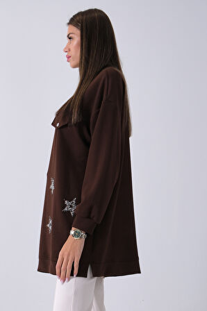 Kahve Üzeri Yıldız Desenli Taş İşlemeli Cep Görünümülü Tunik 940170258.05