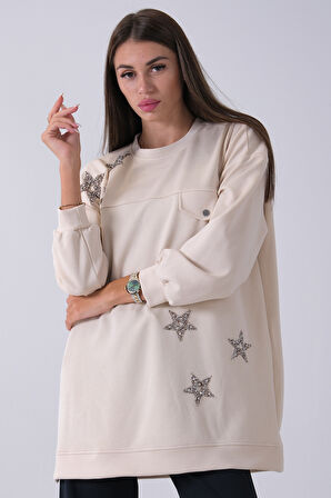 Taş Üzeri Yıldız Desenli Taş İşlemeli Cep Görünümülü Tunik 940170258.50