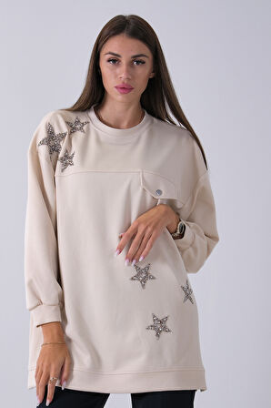 Taş Üzeri Yıldız Desenli Taş İşlemeli Cep Görünümülü Tunik 940170258.50