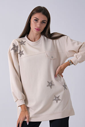 Taş Üzeri Yıldız Desenli Taş İşlemeli Cep Görünümülü Tunik 940170258.50