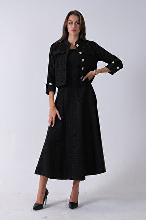 Siyah Önü Düğme Kapamalı Crop Ceket Etekli Tüvid Takım 45950601.01